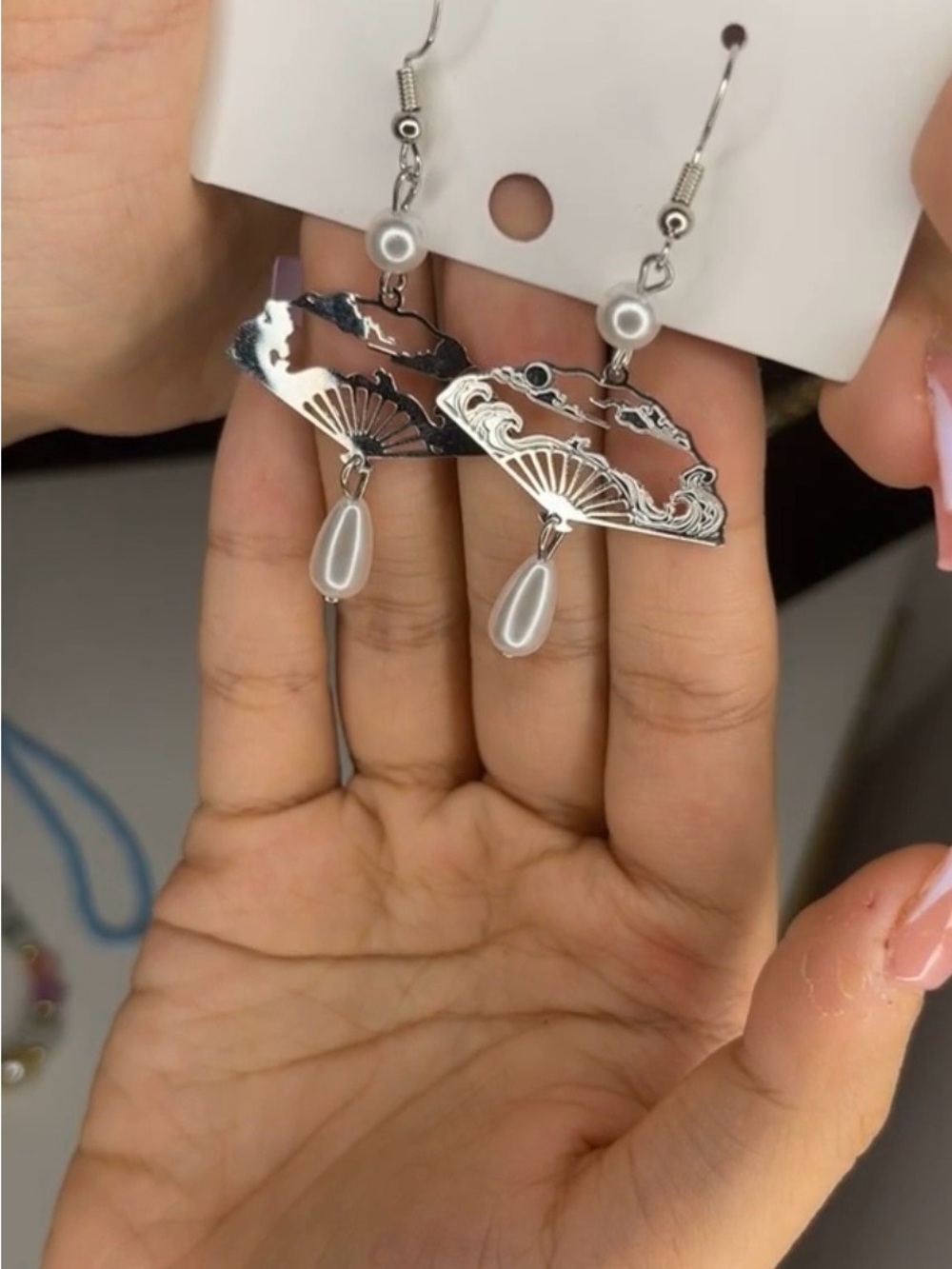 Silver Fan Drop Earrings with White Pearl Teardrops